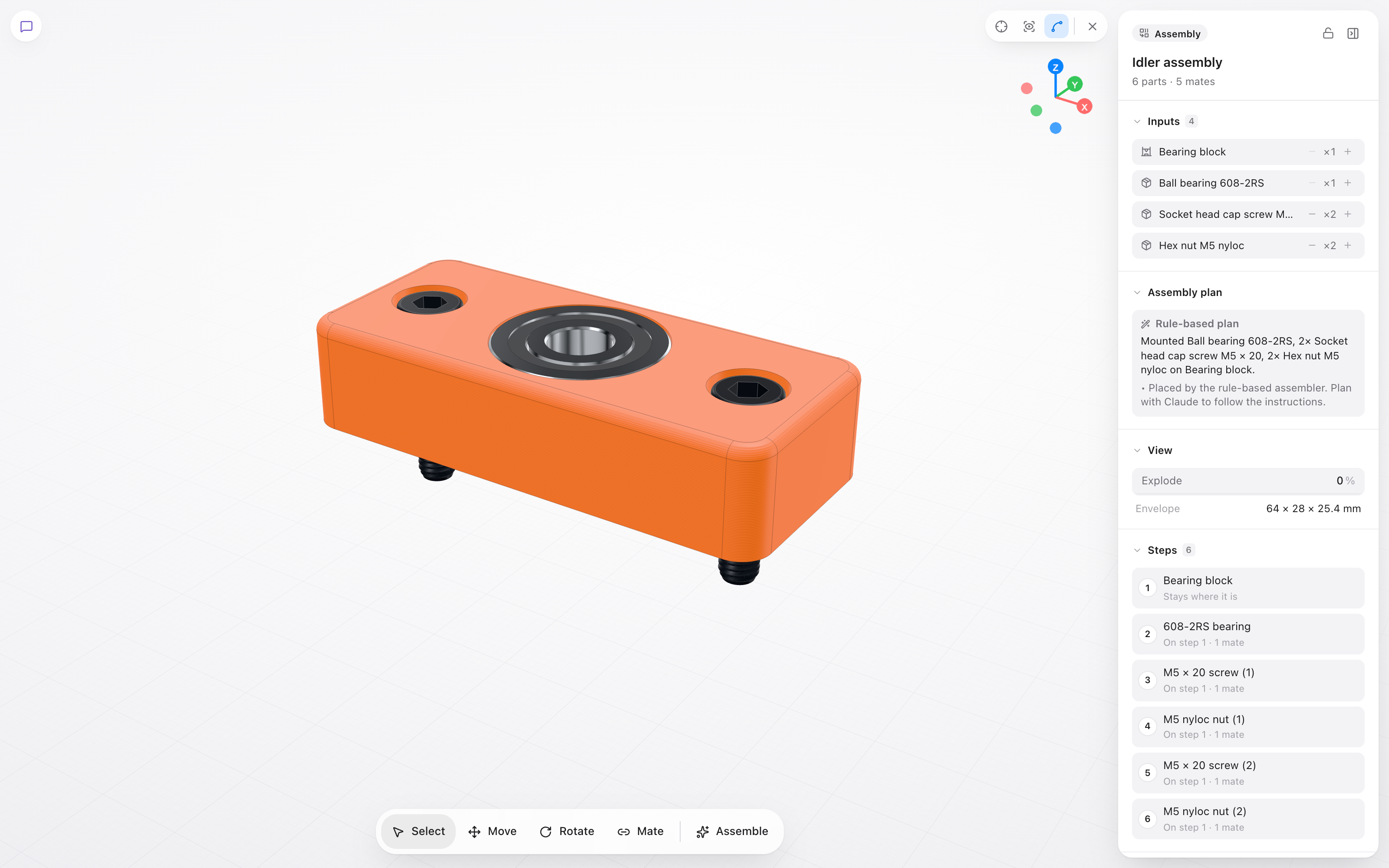 An assembly in CadFlow: a printed bearing block with a 608 bearing pressed into its seat and two M5 screws, with the steps that put each part in place.